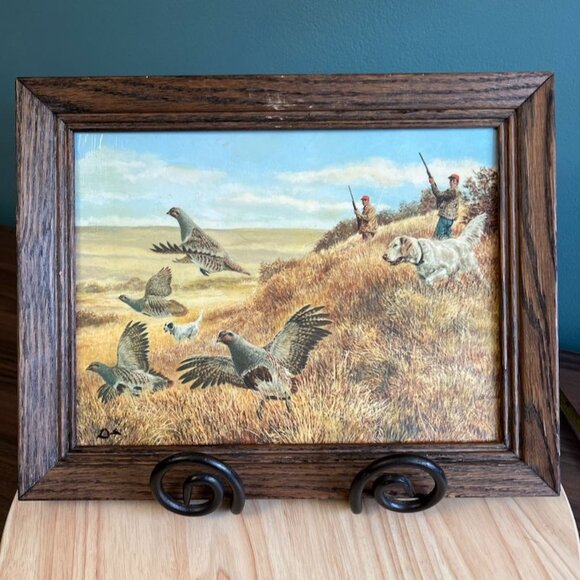 Vtg Tom Beecham Hungarian Partridge Hunting Dog Print On Board Framed 14x11x1 - Picture 1 of 9